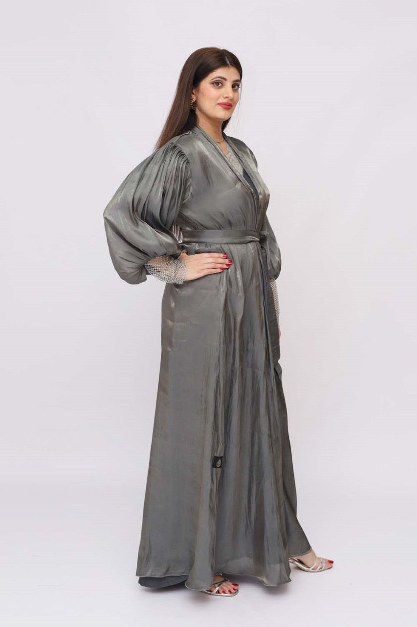 Fancy sleves neck silk abaya