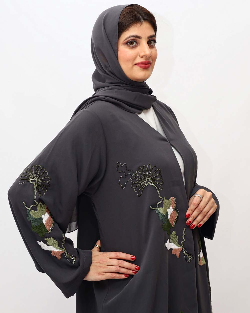 "Grey Nida Handmade Abaya showcased in an elegant fashion, available in various lengths and sizes for a tailored fit and versatile styling.