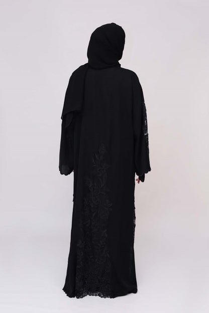 Black Nida embroidery cutwork front back Abaya