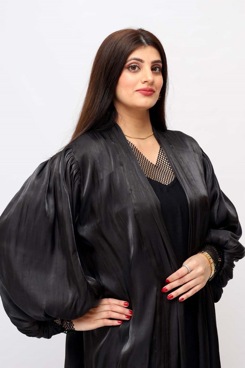 Fancy sleves neck silk abaya