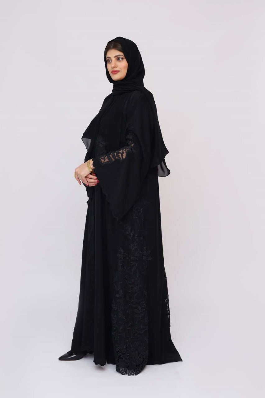 Black Nida embroidery cutwork front back Abaya