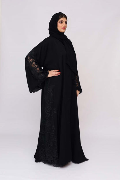 Black Nida embroidery cutwork front back Abaya